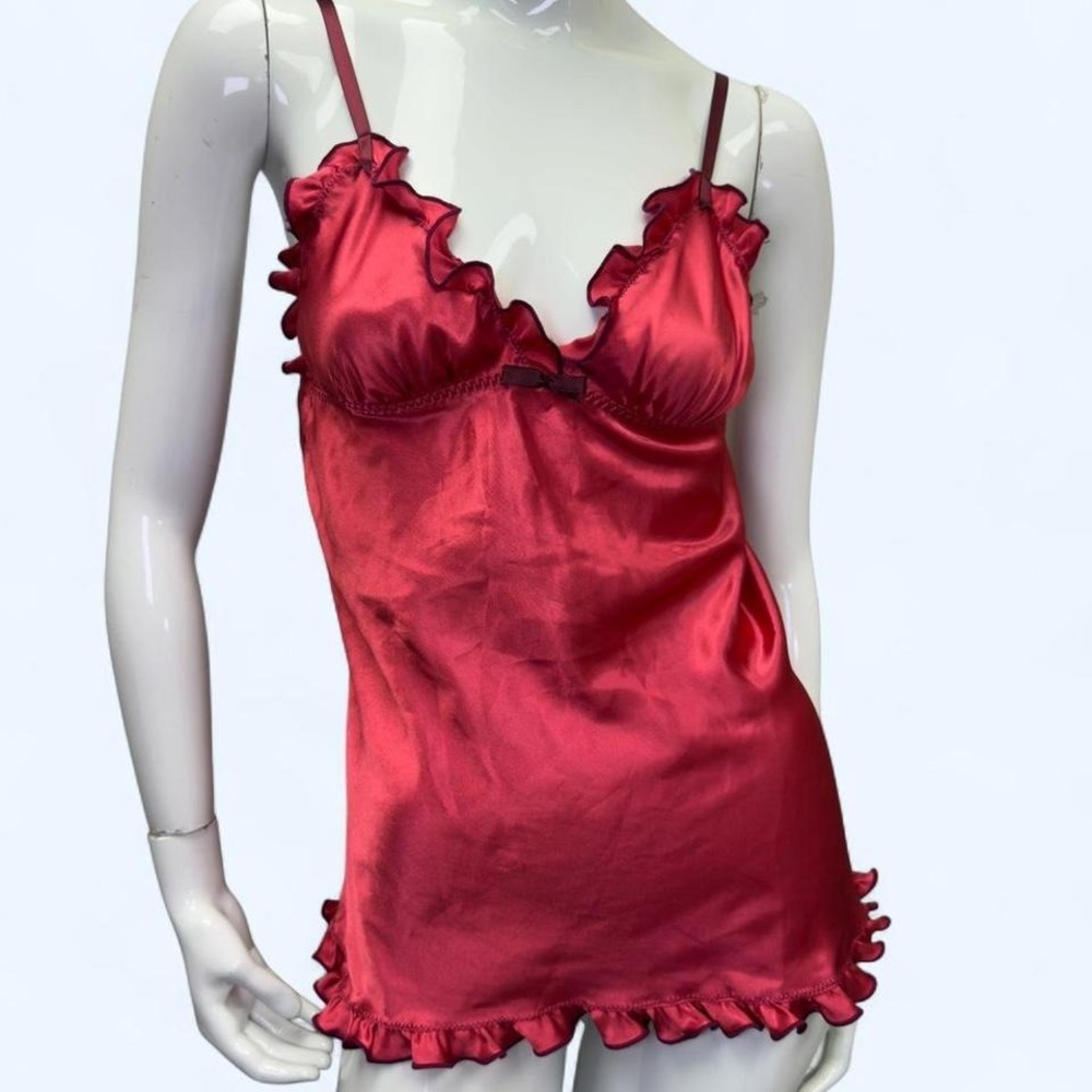 Y2K red satin slip, Cinema Etoile, Springwear,‎ ruffle hem